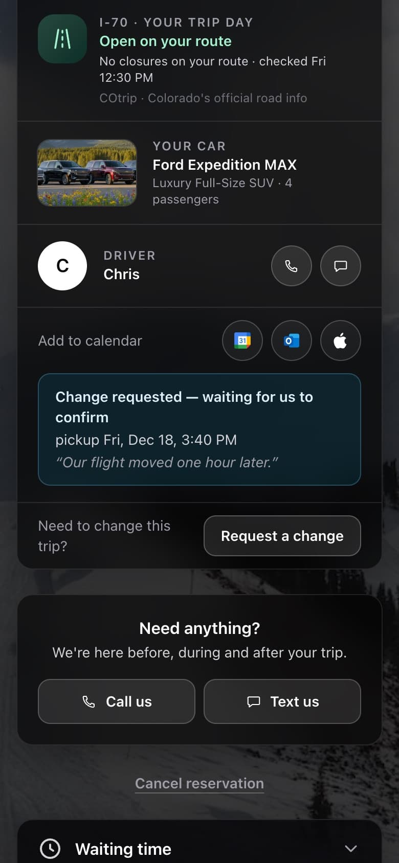 Trip page: a change request waiting for confirmation, the Request a change button and Cancel reservation