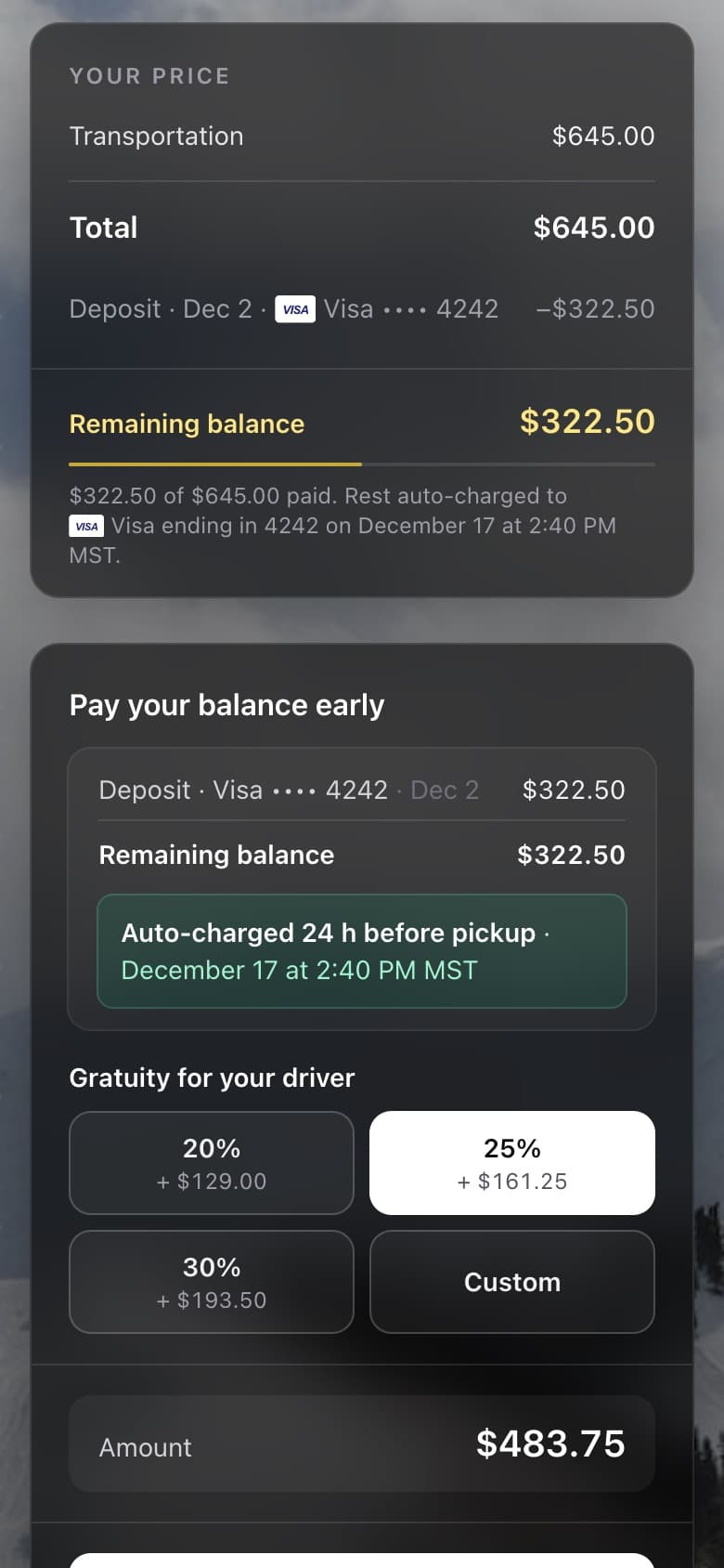 Trip page: the deposit paid by card, and the remaining balance charged automatically to the same card 24 hours before pickup