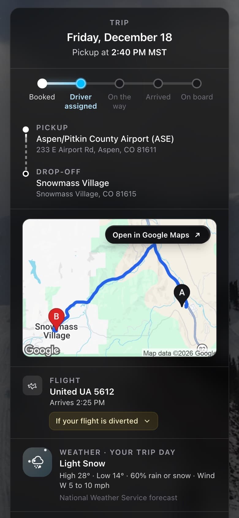 Trip page: pickup at Aspen airport, the route to Snowmass Village on a map, flight UA 5612 and the day's forecast